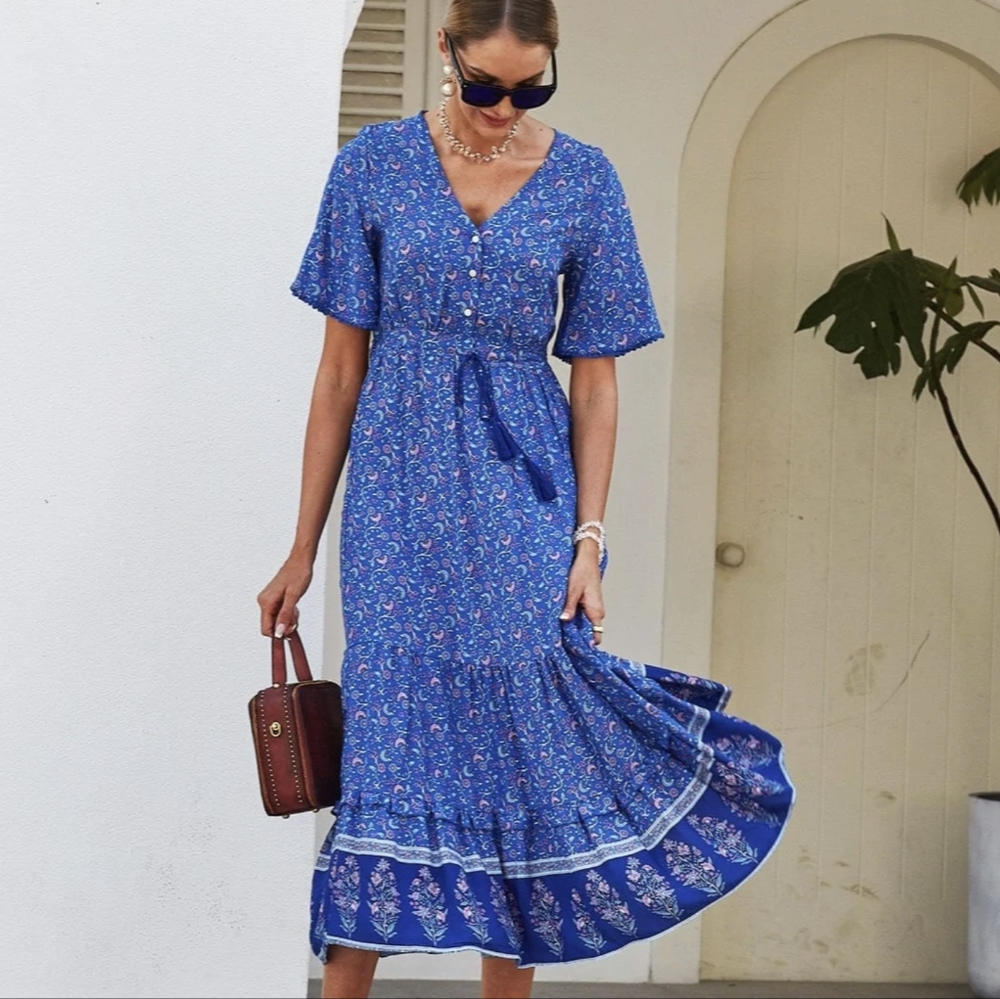 R. Vivimos XL Bohemian Blue Floral Print Maxi Dress Luxe Hippie Coastal Vibes